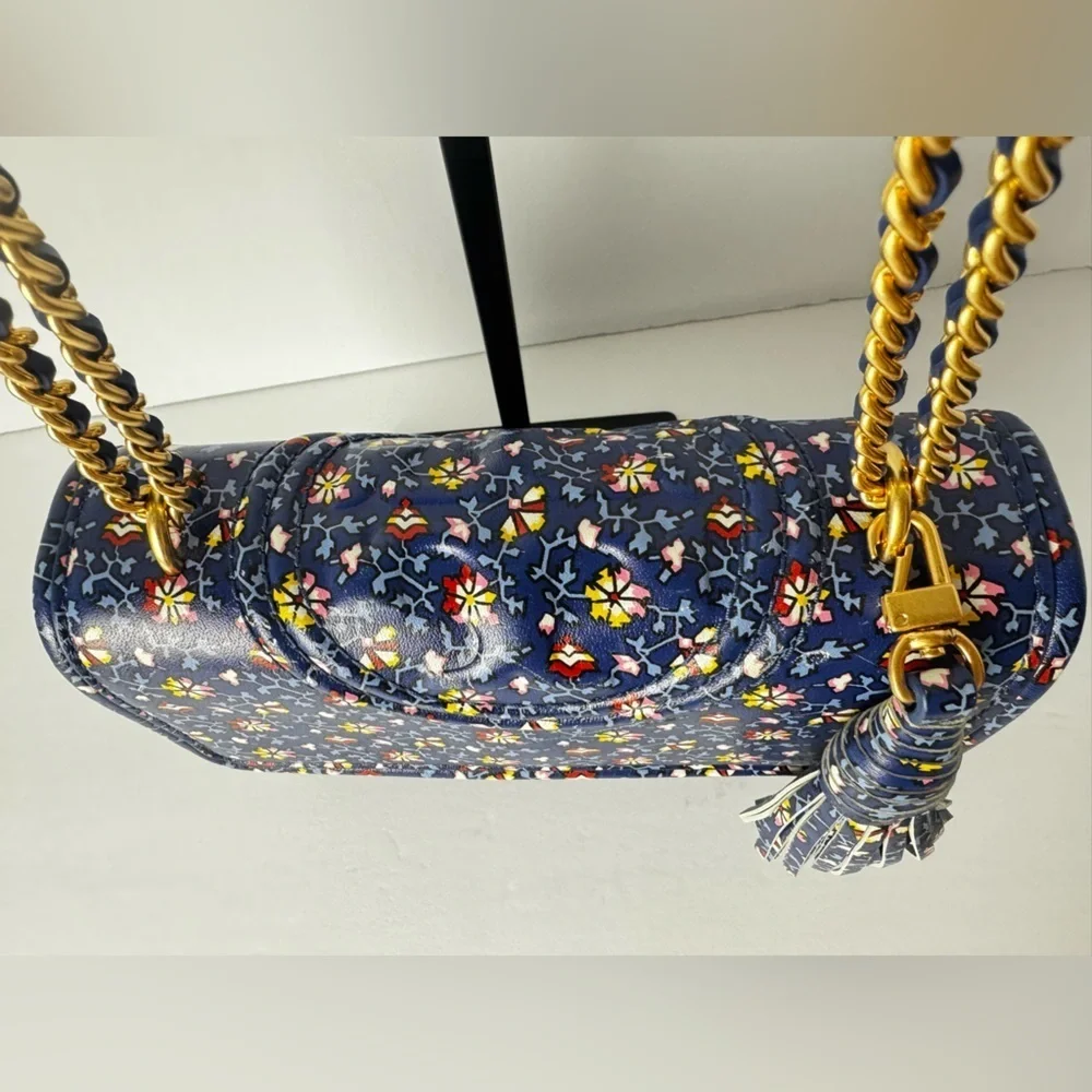 TORY BURCH FLEMING PRINTED SMALL CONVERTIBLE SHOULDER BAG BLUE WILD PANSY